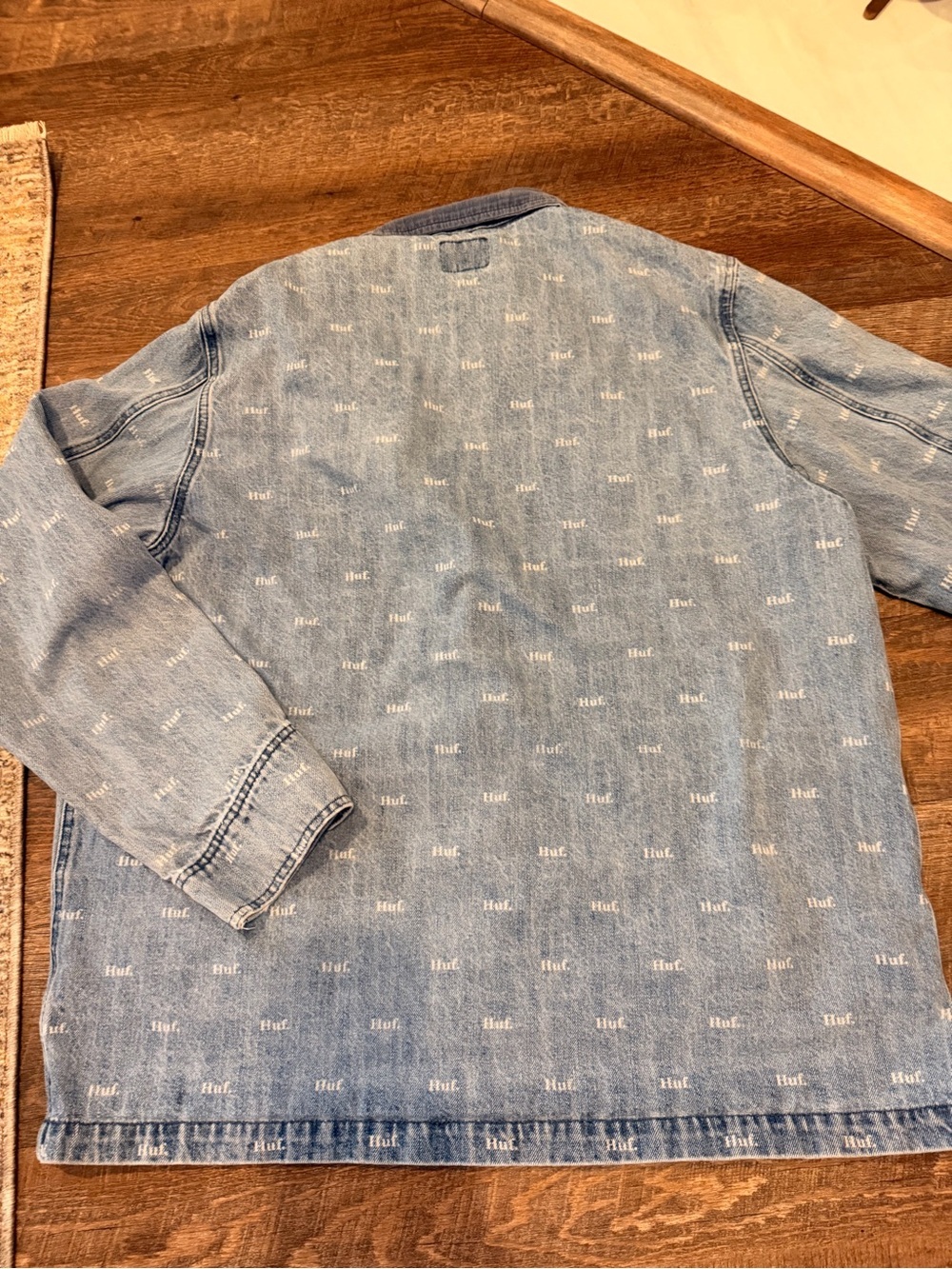 HUF Denim Chore Jacket XL All Over Logo Print Button Front Workwear - Picture 7 of 8